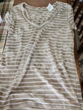 GAP Beige and White Striped V-Neck Tee